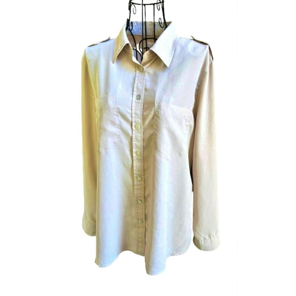 CHICO'S Model Blend Button Down Roll Up Long Sleeve Tunic in Latte SIZE LARGE